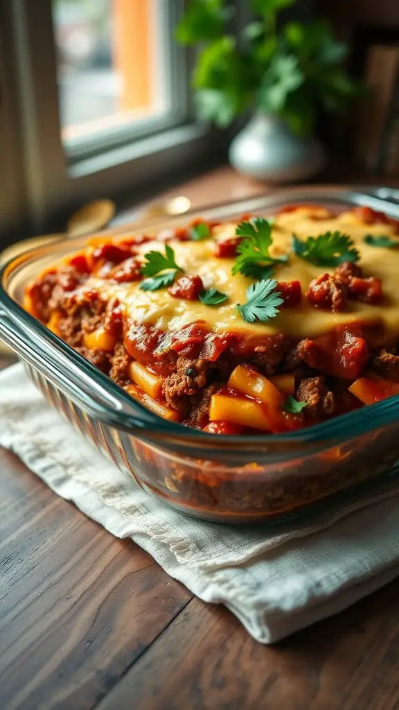 A delicious Sloppy Joe Cheeseburger Casserole with layers of cheese and ground beef.