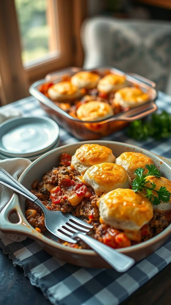 A delicious sloppy joe hamburger casserole topped with biscuits and cheese