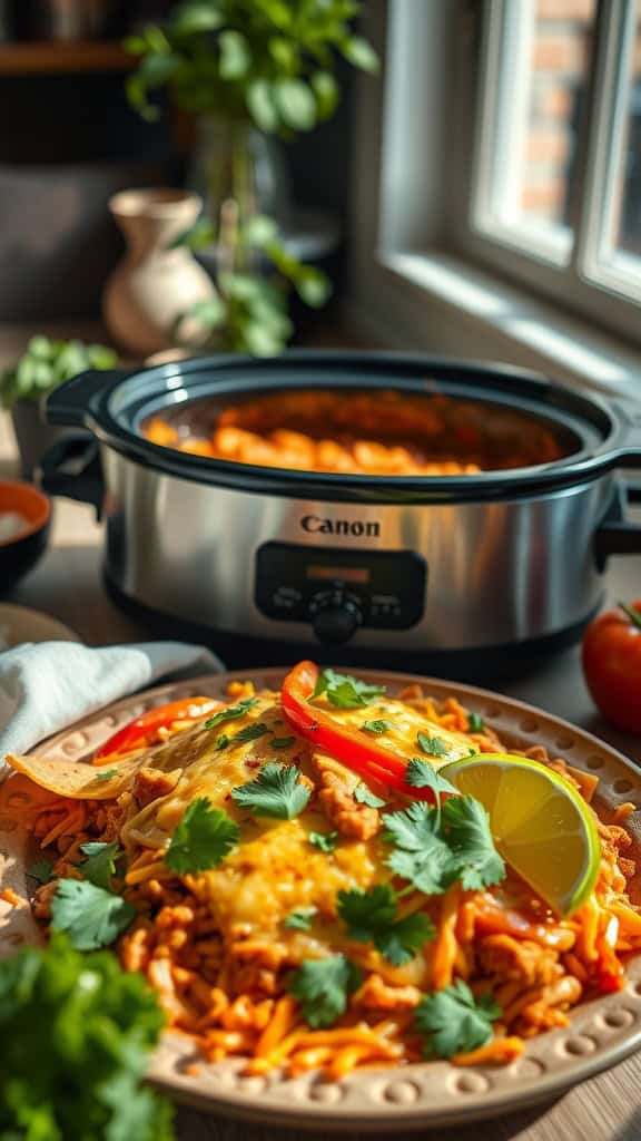 Delicious slow cooker chicken enchilada casserole served on a plate with toppings