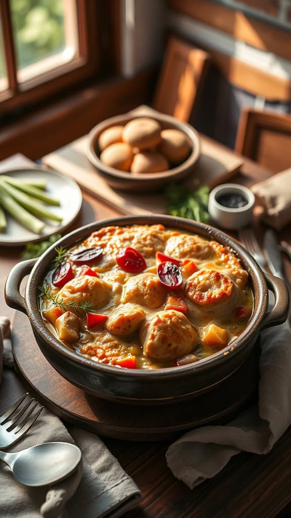 A warm bowl of chicken pot pie casserole with biscuits, carrots, and peas.