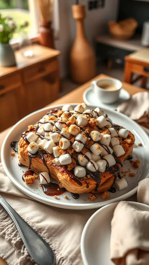 A delicious S'mores French Toast Casserole topped with marshmallows and chocolate.