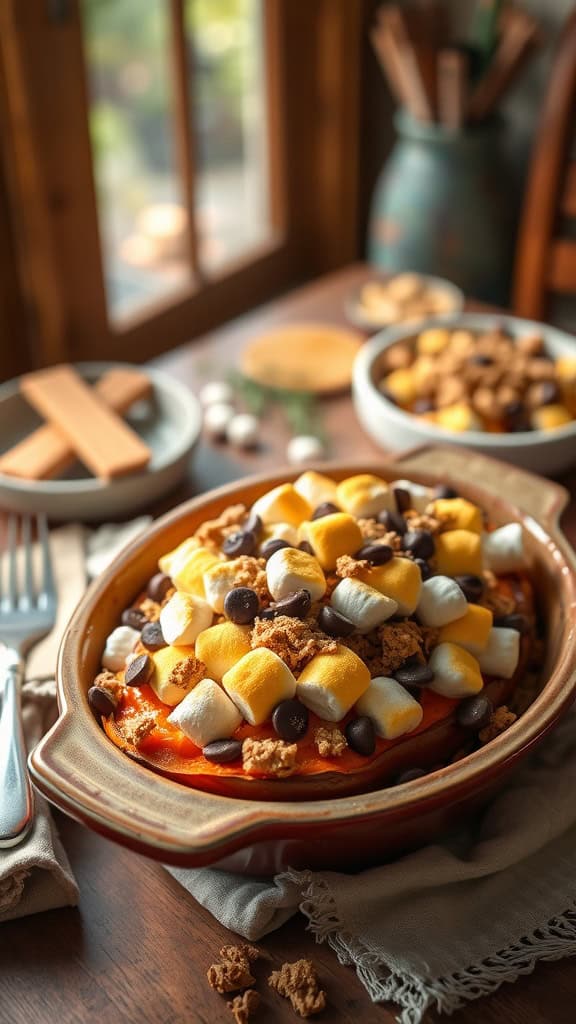 A delicious S'mores Sweet Potato Casserole topped with marshmallows, chocolate chips, and graham cracker crumbles.