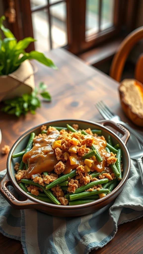 A delicious Southern-style green bean casserole with cornbread crumbs and sausage gravy.