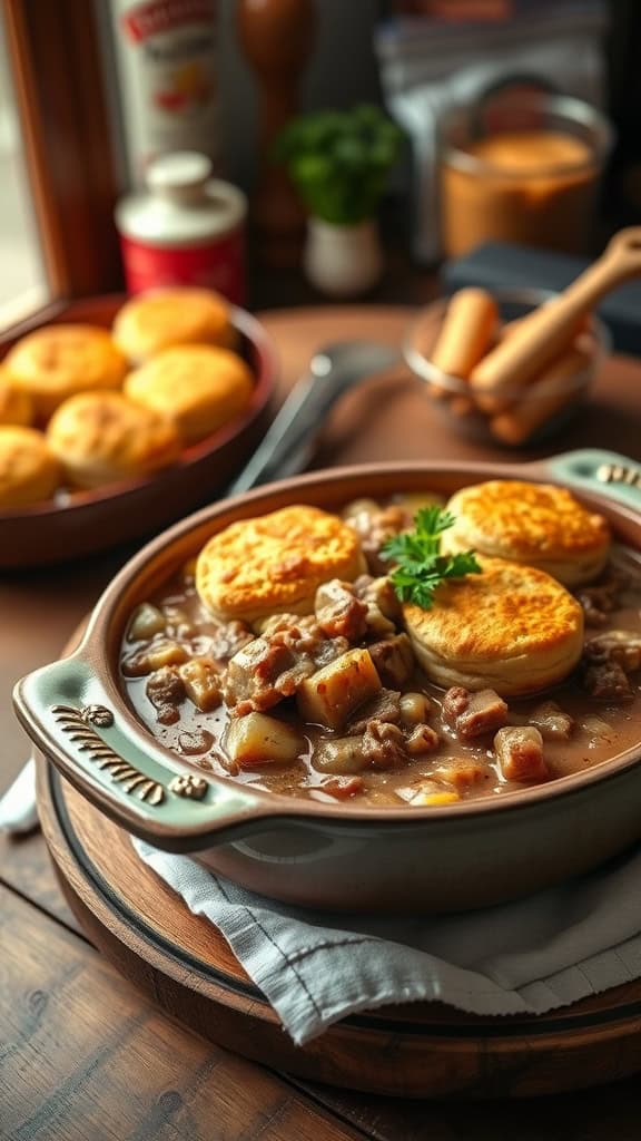 Southern buttermilk biscuit casserole with sausage gravy