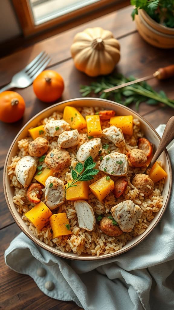 A hearty casserole dish with chicken, rice, and squash.