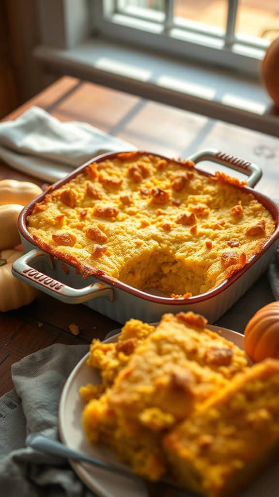 Southern Cornbread Squash Casserole freshly baked and ready to serve.