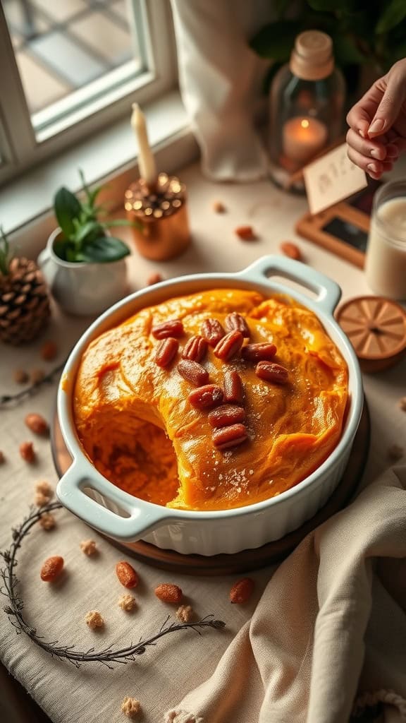 A Southern Sweet Potato Soufflé topped with pralines