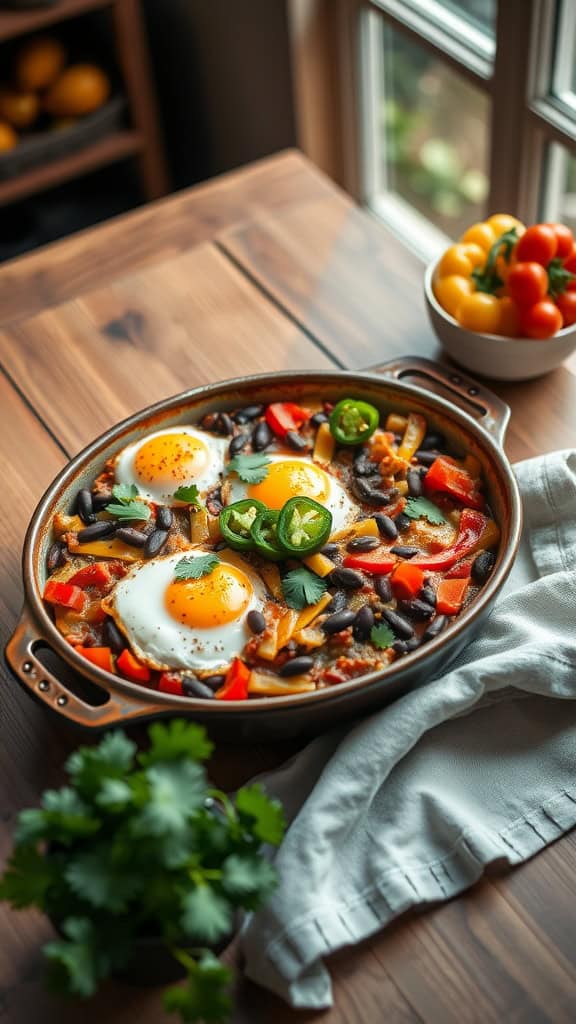 Southwest breakfast bake with black beans, peppers, and eggs