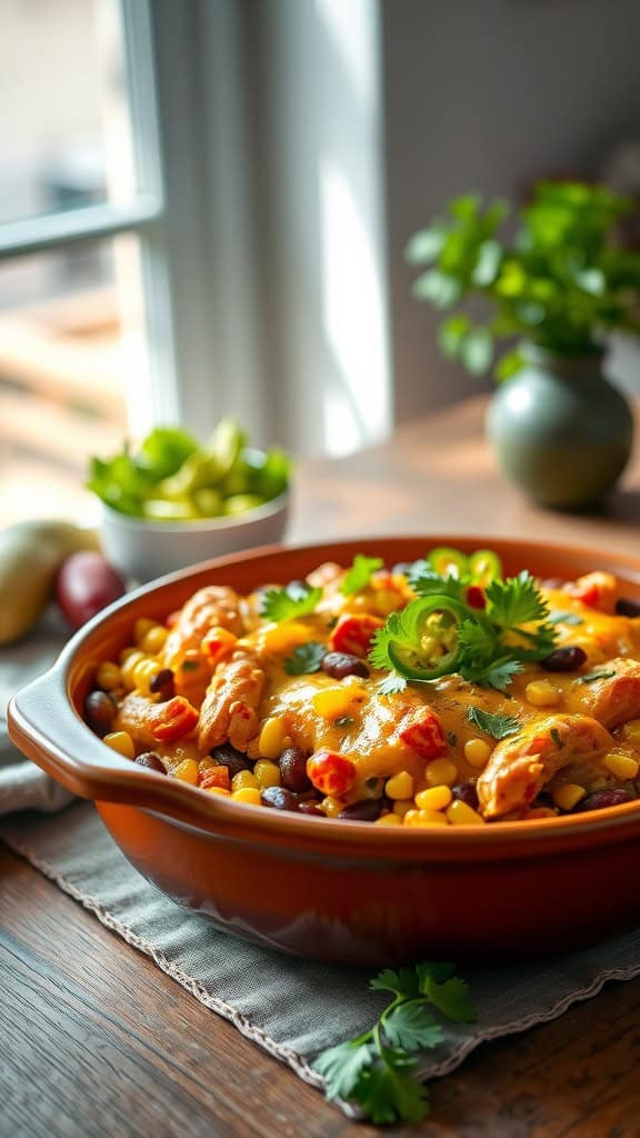 A hearty Southwest Chicken Casserole topped with cheese, black beans, and corn.