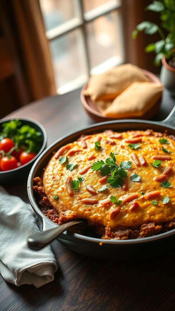 A delicious Southwest Cornbread Hamburger Casserole made with spicy beef and topped with cornbread.