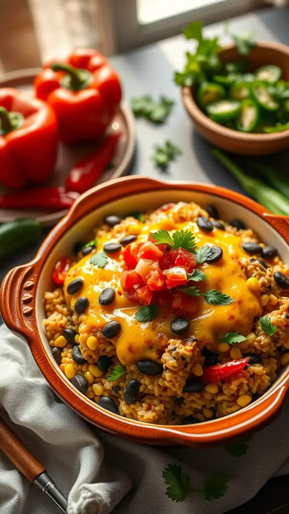 A colorful Southwest Fiesta Chicken Rice Casserole topped with cheese, black beans, corn, and fresh cilantro.