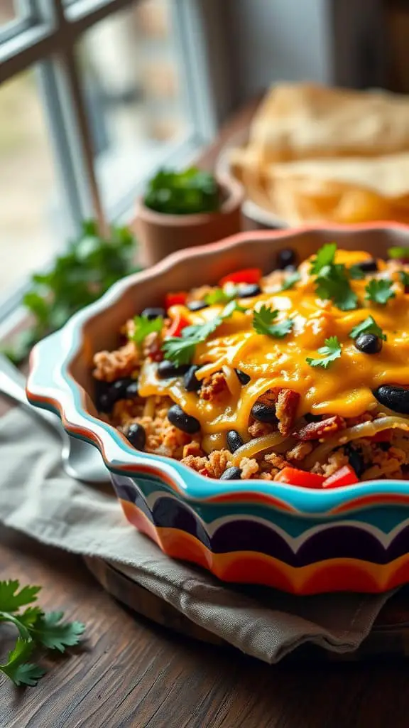 A colorful Southwest hashbrown casserole topped with melted cheddar cheese, surrounded by fresh herbs.