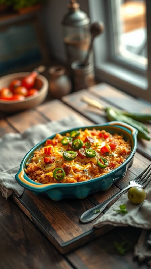 A delicious Southwest Hashbrown Casserole topped with jalapeños, tomatoes, and cheese.