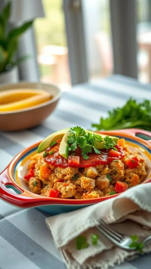 A colorful bowl of Southwest Tuna Casserole topped with avocado slices and garnished with fresh herbs.