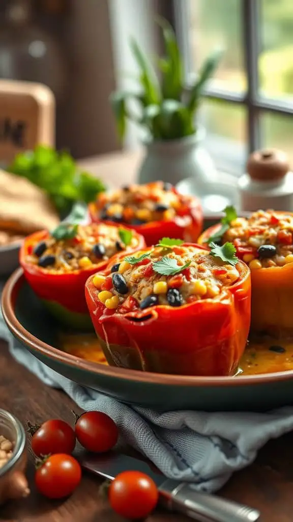 A colorful Southwest Veggie Stuffed Pepper Casserole with corn, beans, and cheese