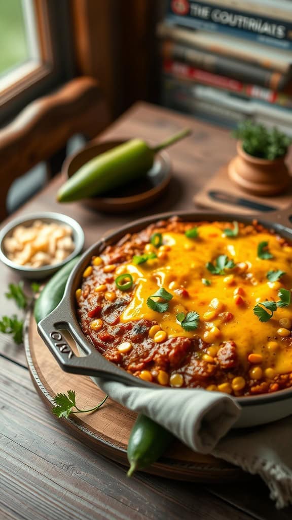 A delicious Southwestern Cowboy Casserole with green chilies, corn, and cheese