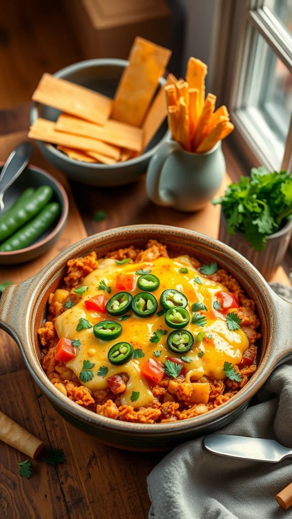 A delicious Southwestern Hashbrown Casserole topped with jalapeños, tomatoes, and cheese.