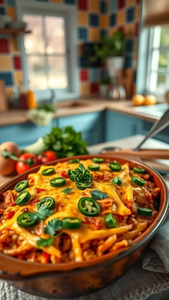 A delicious southwestern spicy hashbrown casserole topped with cheese and jalapeños.