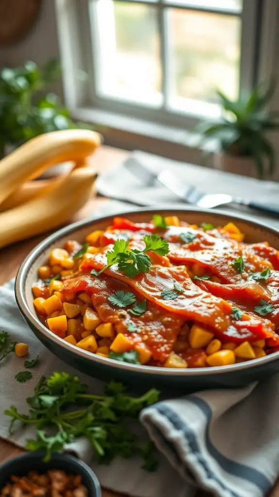 A colorful Southwestern Squash Enchilada Casserole with layers of squash and corn, garnished with cilantro.