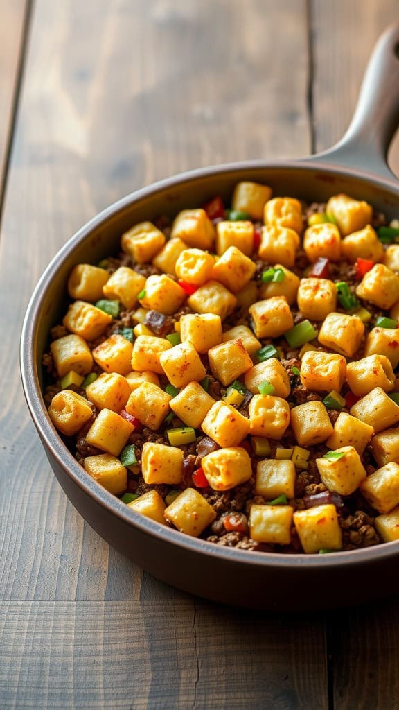 A delicious Southwestern Tater Tot Casserole with seasoned beef, corn, peppers, and crispy tater tots on top.