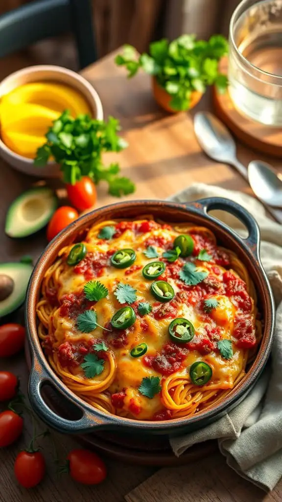 A delicious Spaghetti Squash Enchilada Casserole topped with cheese and fresh herbs.