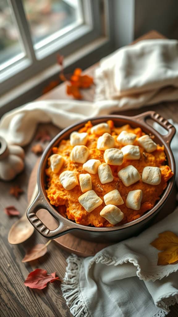 Spiced Chai Sweet Potato Casserole topped with marshmallows