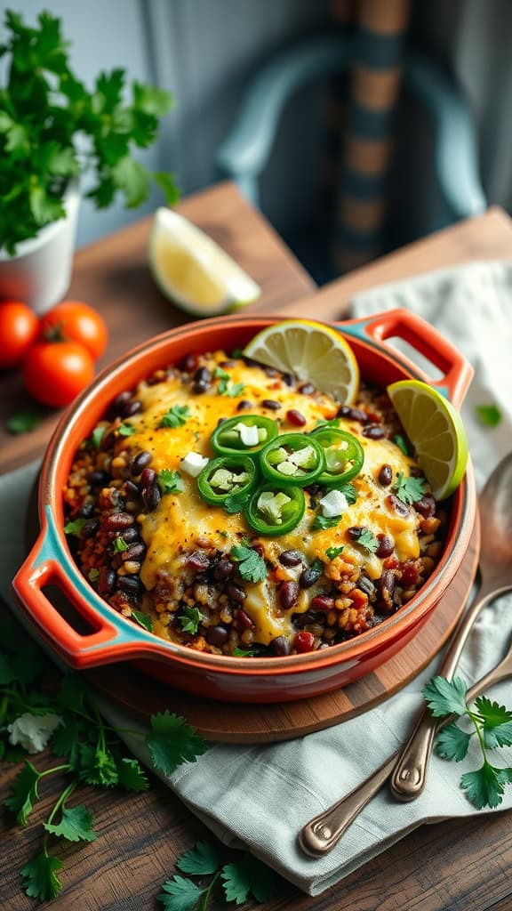 A delicious bowl of Spicy Black Bean and Rice Bake topped with cheese and jalapeños, garnished with cilantro.