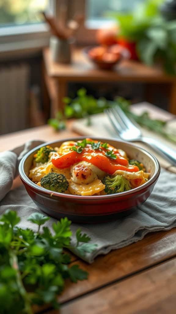 A spicy buffalo broccoli casserole served in a bowl.