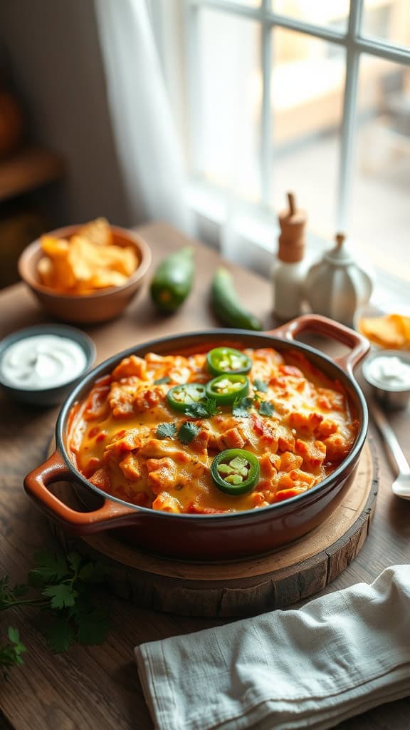 A delicious spicy chicken enchilada casserole topped with jalapeños and cheese.