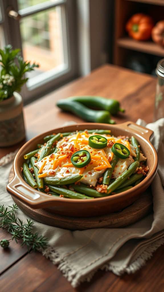 Spicy jalapeño green bean casserole with cheese and crispy onions