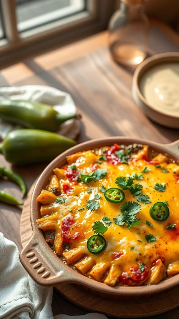 A spicy jalapeño squash casserole with cheese and garnishes