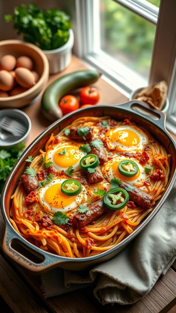 A delicious spicy sausage breakfast bake with eggs and hash browns.