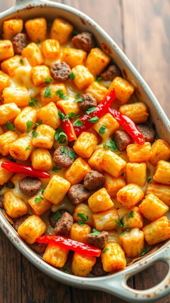 A delicious spicy sausage tater tot bake with melted cheese and crispy tater tots