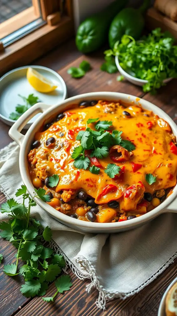 Spicy Squash and Black Bean Enchilada Casserole with melted cheese and fresh cilantro on top.