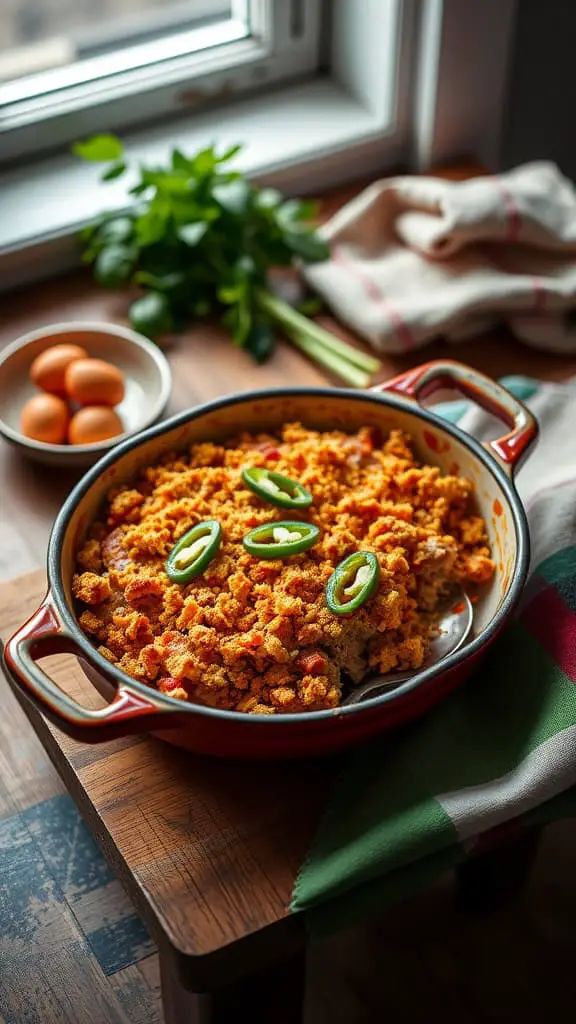 A delicious Spicy Sriracha Tuna Casserole topped with jalapeños and panko