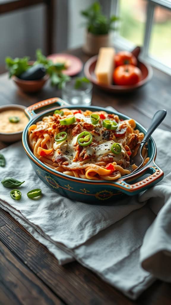 A delicious Spicy Tuna Noodle Casserole topped with jalapeños and cheese