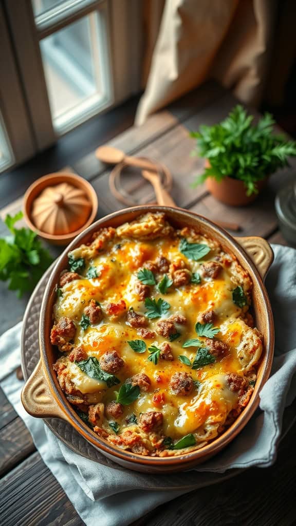 Baked casserole with ground beef, spinach, and cheese