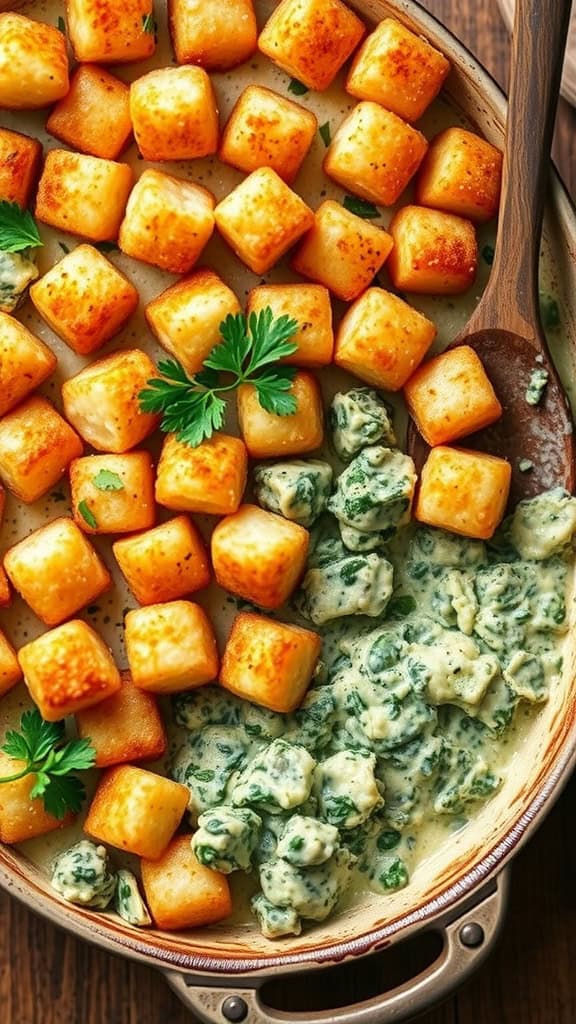 Delicious Spinach and Artichoke Tater Tot Bake with golden crispy tots on top.