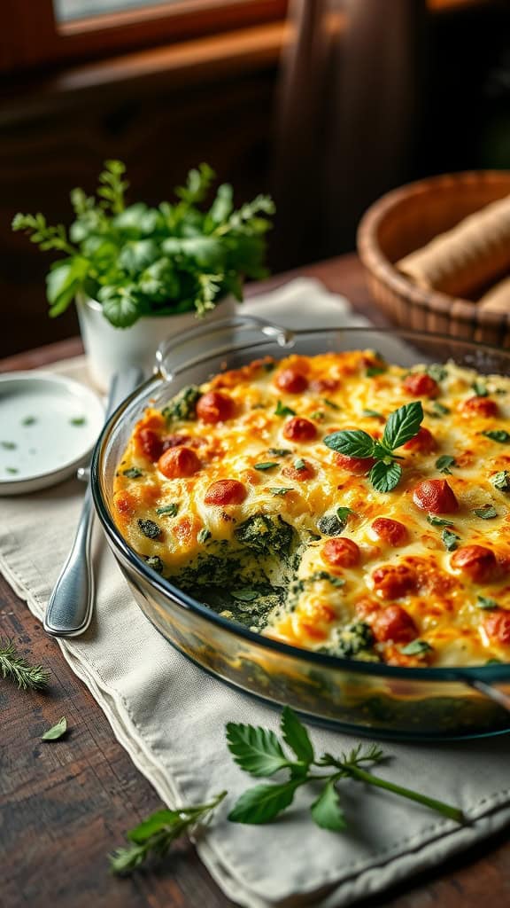 A delicious Spinach and Broccoli Cheese Casserole served in a glass baking dish, garnished with herbs.