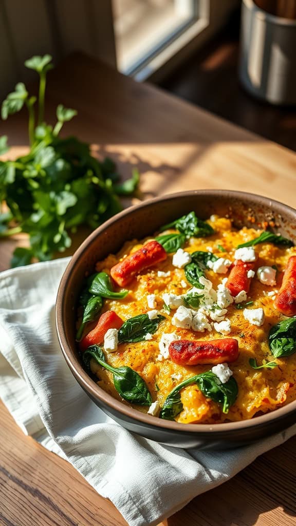 A delicious spinach and feta hashbrown casserole, showcasing crispy hashbrowns topped with fresh spinach, creamy feta, and a blend of cheeses, baked to perfection.