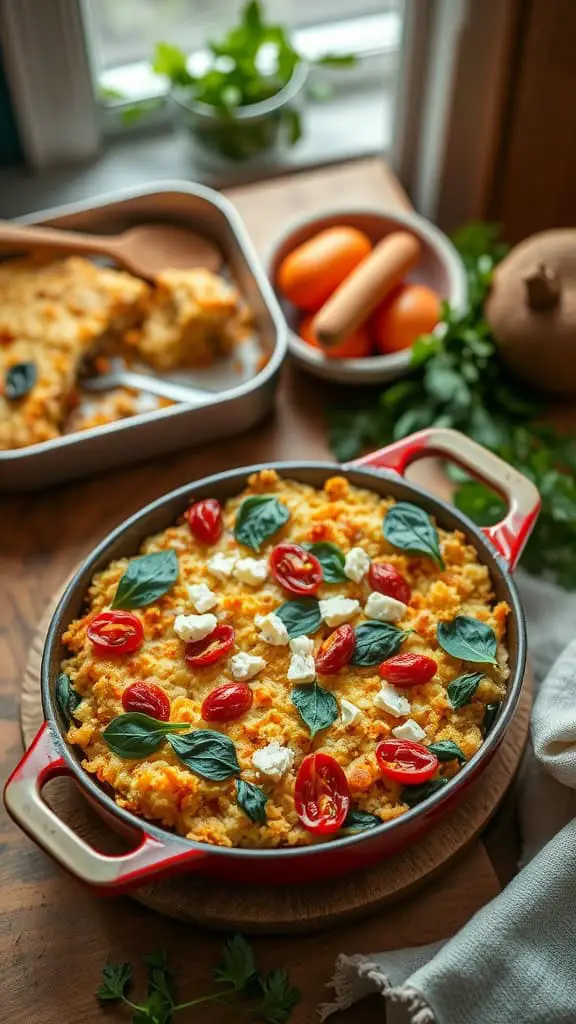 A delicious spinach and feta hashbrown casserole topped with cherry tomatoes and fresh basil.