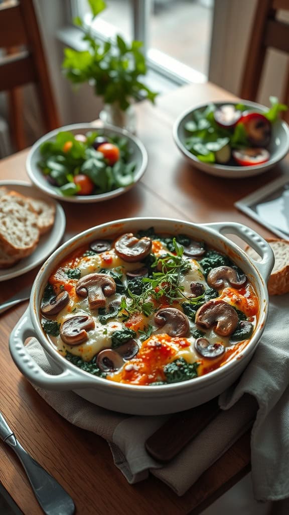 Spinach and Mushroom Dinner Casserole ready to serve with a side salad.