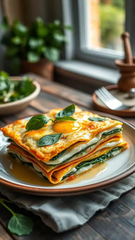 A plate of Spinach and Ricotta Egg Lasagna with layers of spinach and cheese