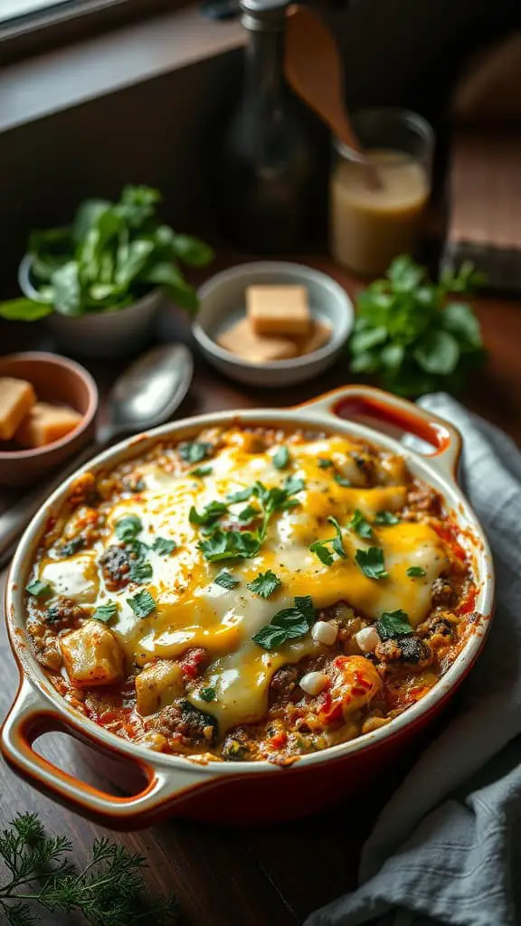 A delicious Spinach Artichoke Cheeseburger Casserole topped with melted cheese and garnished with parsley.