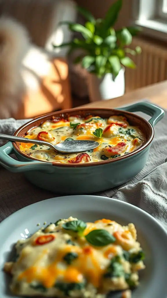 A delicious Spinach Artichoke Chicken Cordon Bleu Casserole ready to serve.