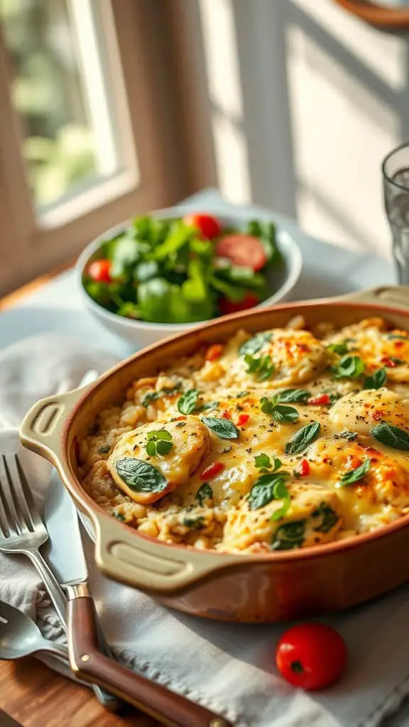 A baked Spinach Artichoke Chicken Rice Casserole with melted cheese on top.