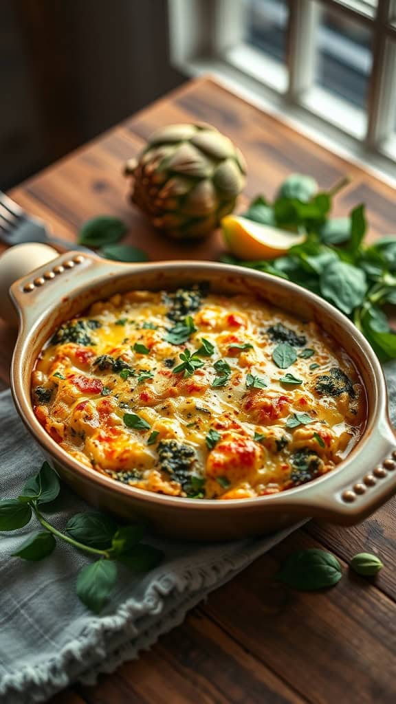 A delicious spinach artichoke hashbrown casserole, baked until golden and bubbly.