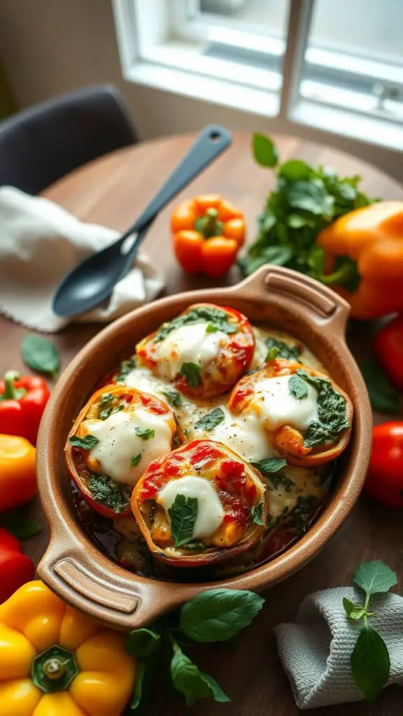 A delicious spinach artichoke stuffed pepper casserole with melted mozzarella cheese