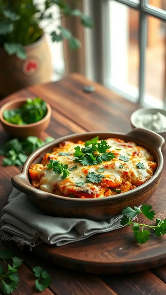 A delicious Squash and Chorizo Enchilada Casserole served in a rustic dish.