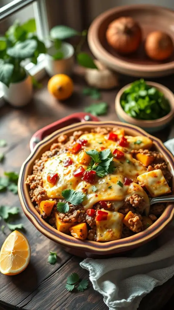 A delicious squash and ground turkey enchilada casserole topped with cheese and fresh herbs.